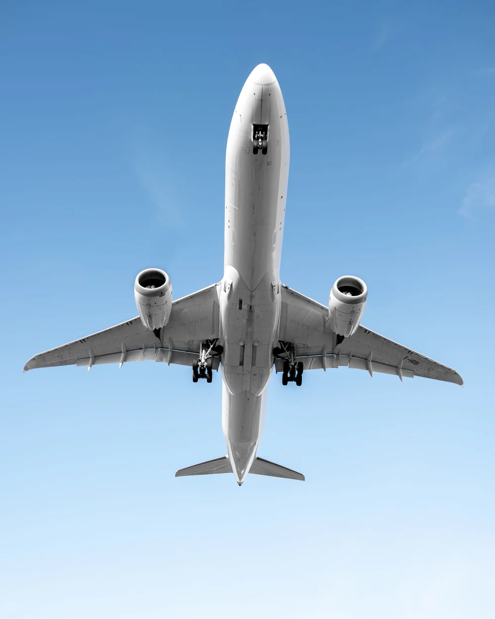 Aircraft viewed from below with landing gear extended